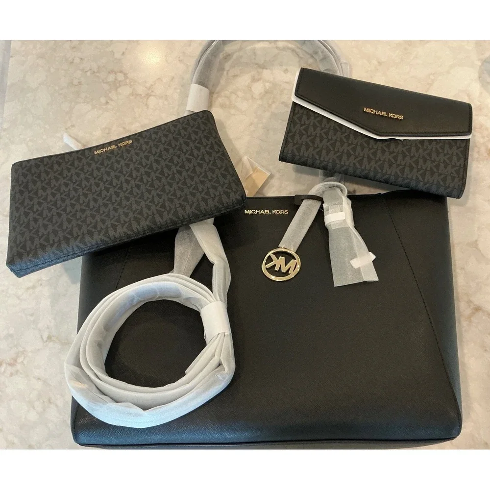 Michael Kors Charlotte LG‎ 3in1 Tote Black Leather MSRP $678 NWT